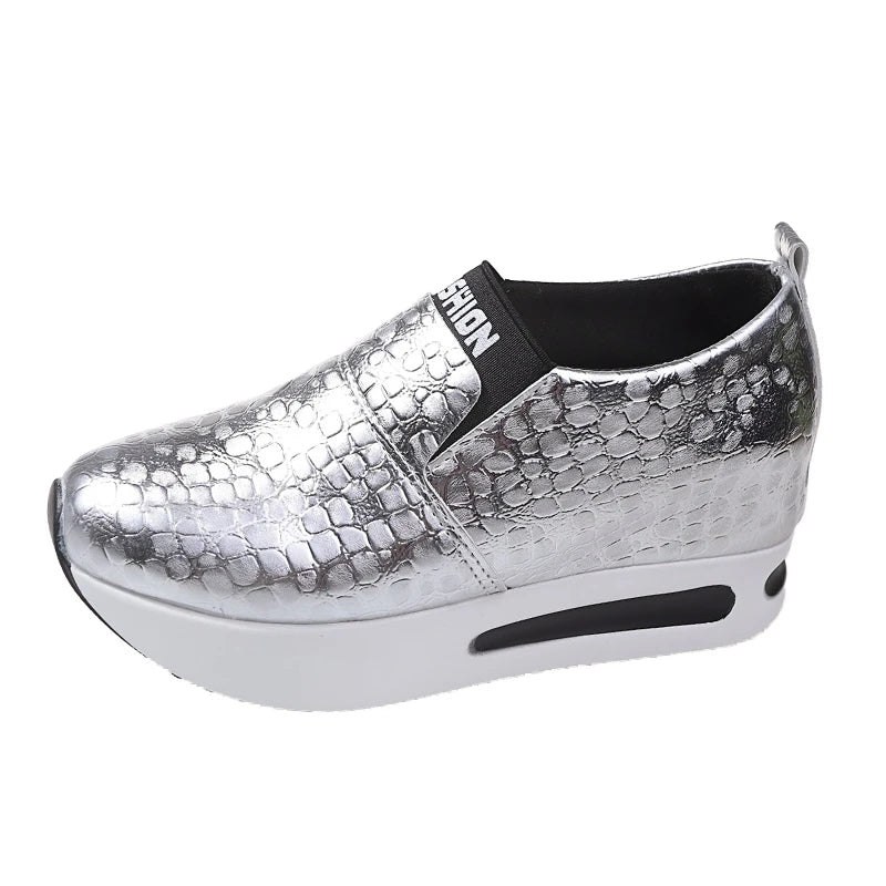 Patent Leather Wedge Loafers Shoes for Women Height Increasing Platform Sneakers