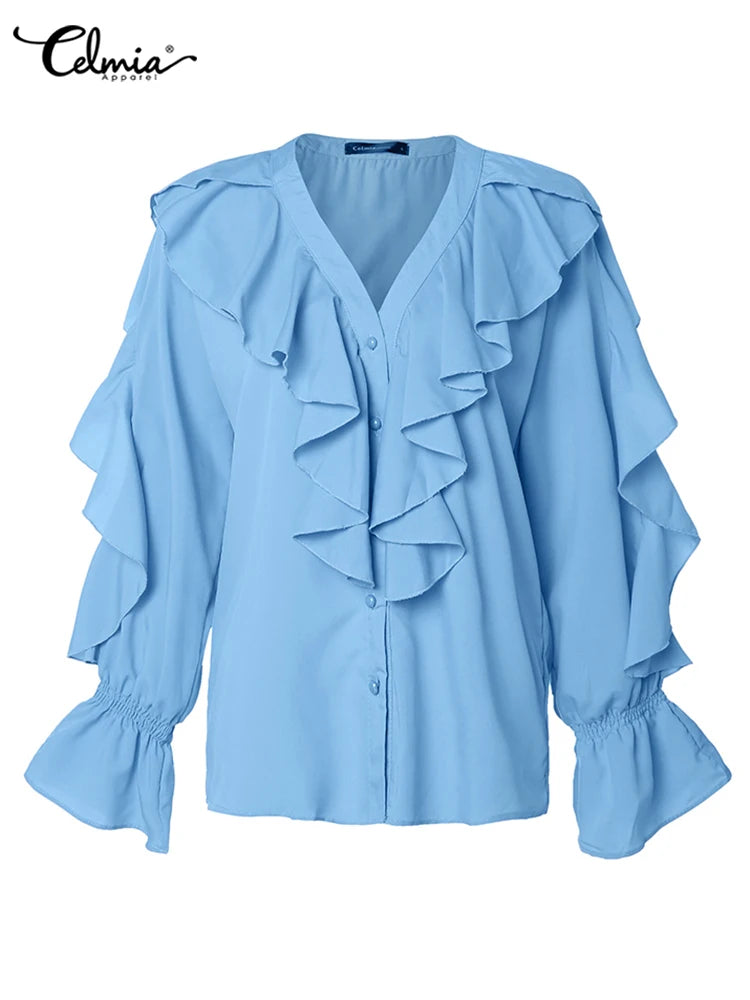 Celmia Casual Women Ruffled Blouses Fashion 2023 Summer Tops Sexy V neck Long Sleeve Shirt Elegant Buttons Sweet Party Blusas