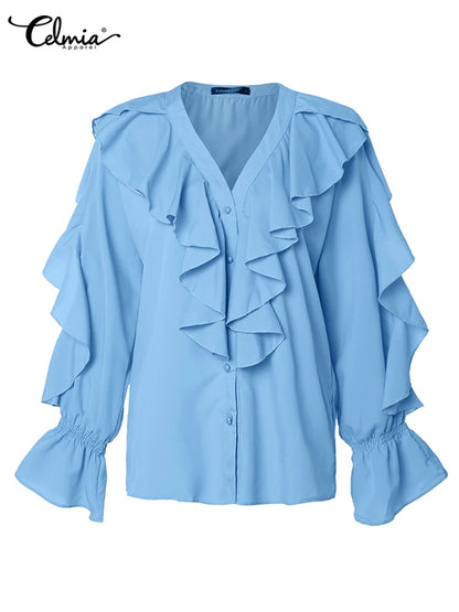 Celmia Casual Women Ruffled Blouses Fashion 2023 Summer Tops Sexy V neck Long Sleeve Shirt Elegant Buttons Sweet Party Blusas