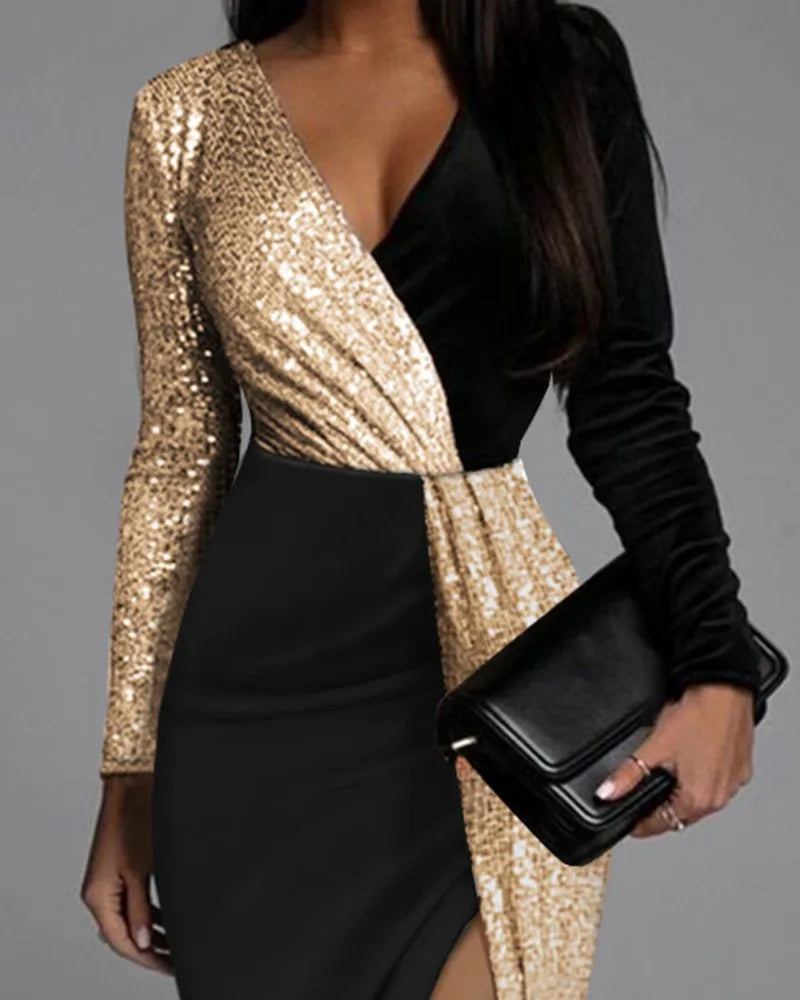 Luxury High Waist Party Evening Midi Dresses Elegant Black Gold Sequins Patchwork Long Sleeve Prom Slit Dress