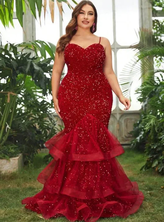 Plus Size Evening Dresses Women Sequins Mesh Splicing Party Dresses