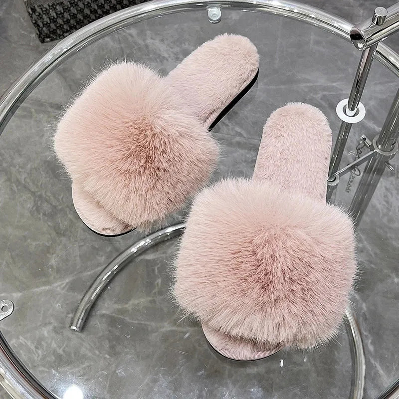 Woman Slippers Winter Simple Word Fur Flats - CEW Store