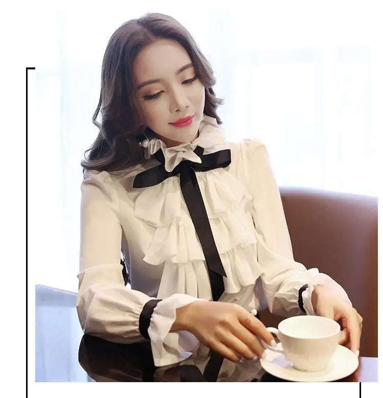 Spring Autumn Elegant Fashion Ruffles Lace Up Bow Shirt Lady Long Sleeve All-match Pullover Top Women Slim White Vintage Blouse