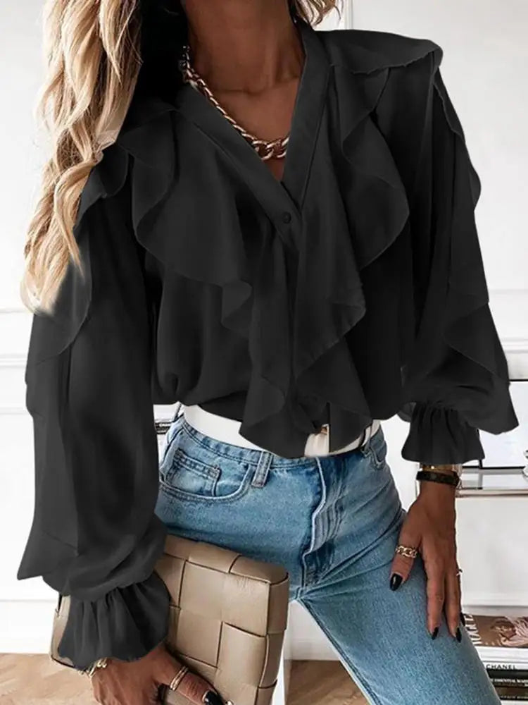 Celmia Casual Women Ruffled Blouses Fashion 2023 Summer Tops Sexy V neck Long Sleeve Shirt Elegant Buttons Sweet Party Blusas