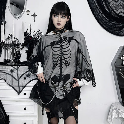 Skeleton Lace Poncho Skull Bones Halloween Cape Costume for Women Goth Shawl Wrap Poncho