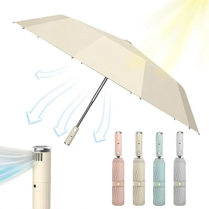 Sun Protection Umbrella with Fan 3 Levels Adjustable USB Rechargeable UV Blocking Umbrella Foldable Automatic Sun Rain Umbrella