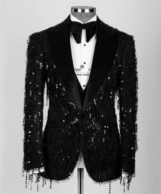 Glitter Sequin Groom Wedding Tuxedo Peaked Lapel Men Suit