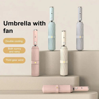 Sun Protection Umbrella with Fan 3 Levels Adjustable USB Rechargeable UV Blocking Umbrella Foldable Automatic Sun Rain Umbrella