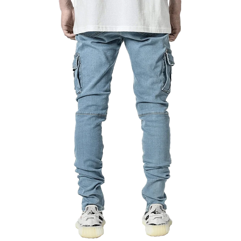 Men Black Cargo Pants Multi Pockets Jeans