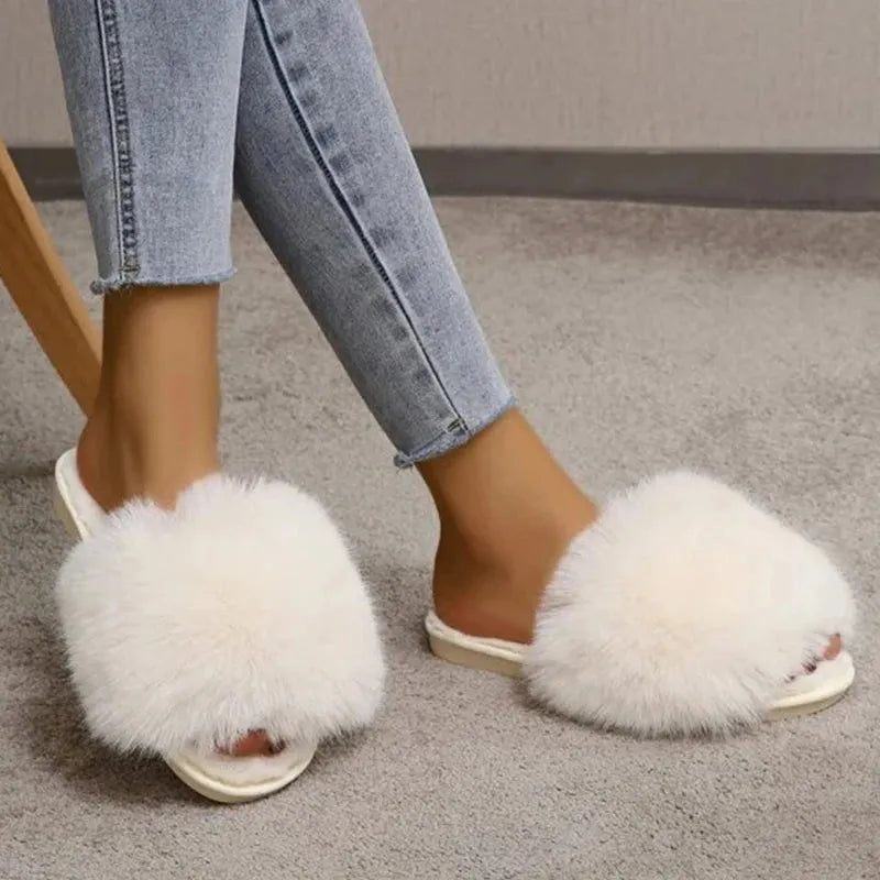 Woman Slippers Winter Simple Word Fur Flats - CEW Store