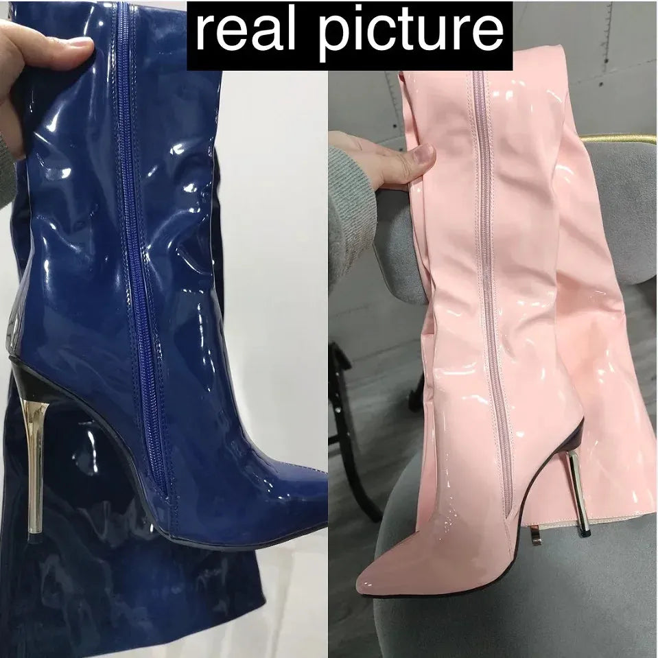 2024 Size 46 Sexy High Heels Boots For Women Shoes Fashion Patent Leather Pointed Toe Over The Knee Boots With Side Zipper - CEW Store