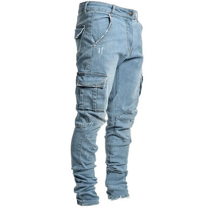 Men Black Cargo Pants Multi Pockets Jeans