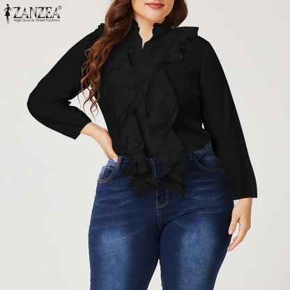 2024 ZANZEA Women Fashion Ruffles Shirts Autumn Elegant Long Sleeve Blouse Casual Tunic Tops Holiday Chemise Party Blusas Mujer