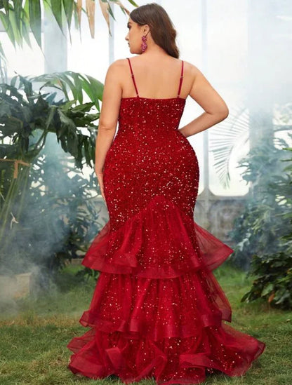 Plus Size Evening Dresses Women Sequins Mesh Splicing Party Dresses