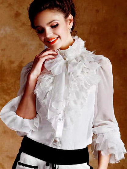 Vintage printed multi-level ruffled lace with bow neck chiffon shirt 2024 spring women's new fashion all-matching thin shirt