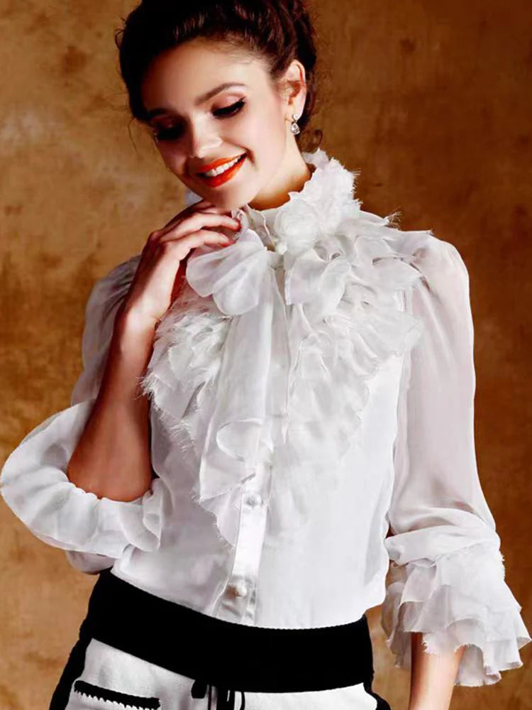 Vintage printed multi-level ruffled lace with bow neck chiffon shirt 2024 spring women's new fashion all-matching thin shirt