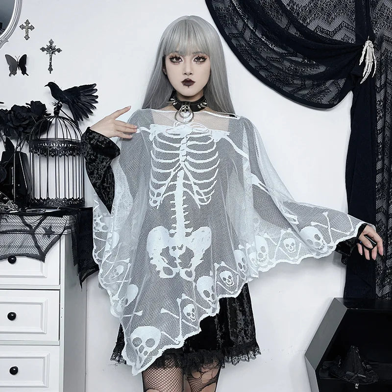 Skeleton Lace Poncho Skull Bones Halloween Cape Costume for Women Goth Shawl Wrap Poncho