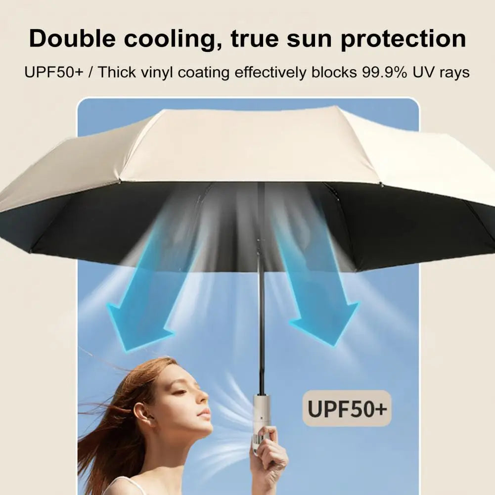 Sun Protection Umbrella with Fan 3 Levels Adjustable USB Rechargeable UV Blocking Umbrella Foldable Automatic Sun Rain Umbrella