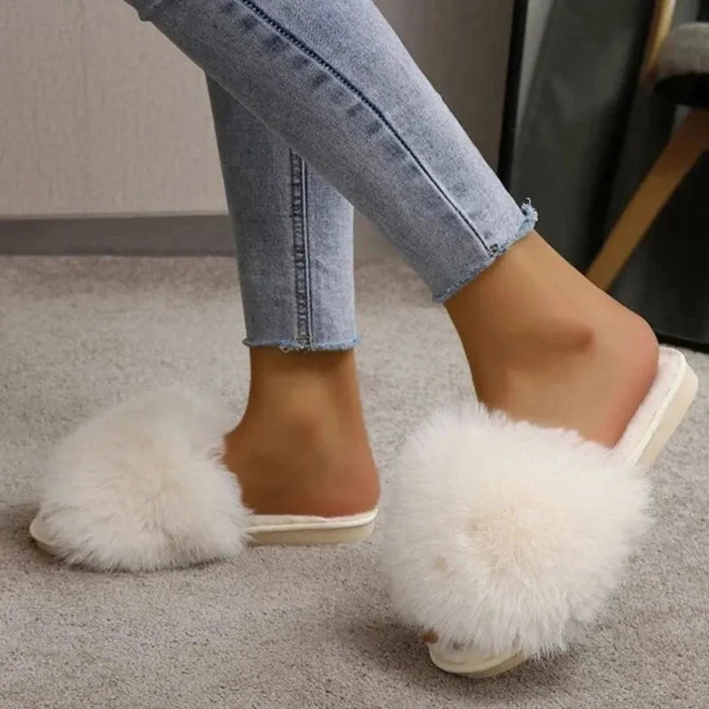 Woman Slippers Winter Simple Word Fur Flats - CEW Store