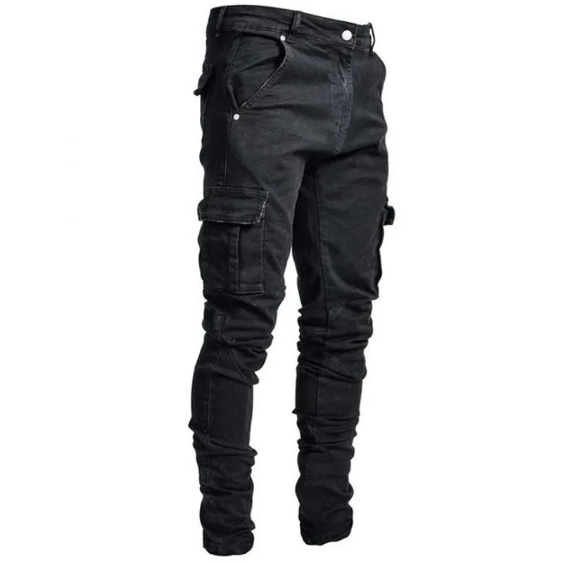 Men Black Cargo Pants Multi Pockets Jeans