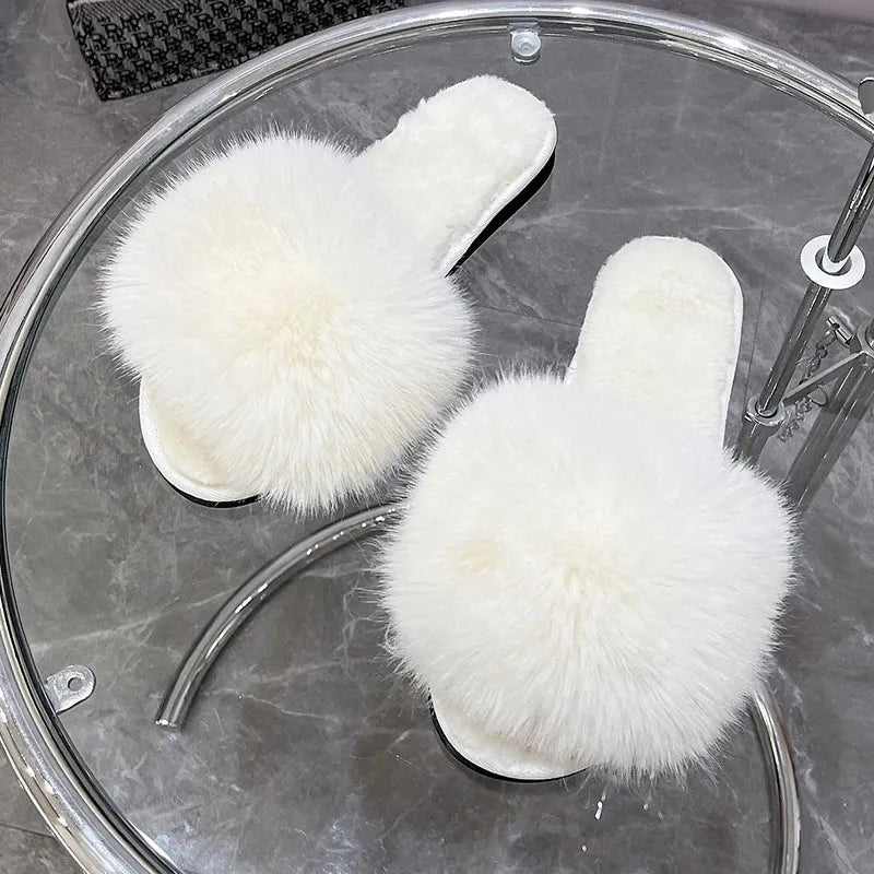 Woman Slippers Winter Simple Word Fur Flats - CEW Store