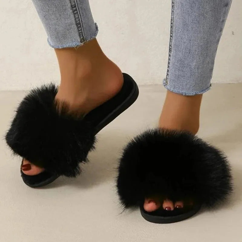 Woman Slippers Winter Simple Word Fur Flats - CEW Store