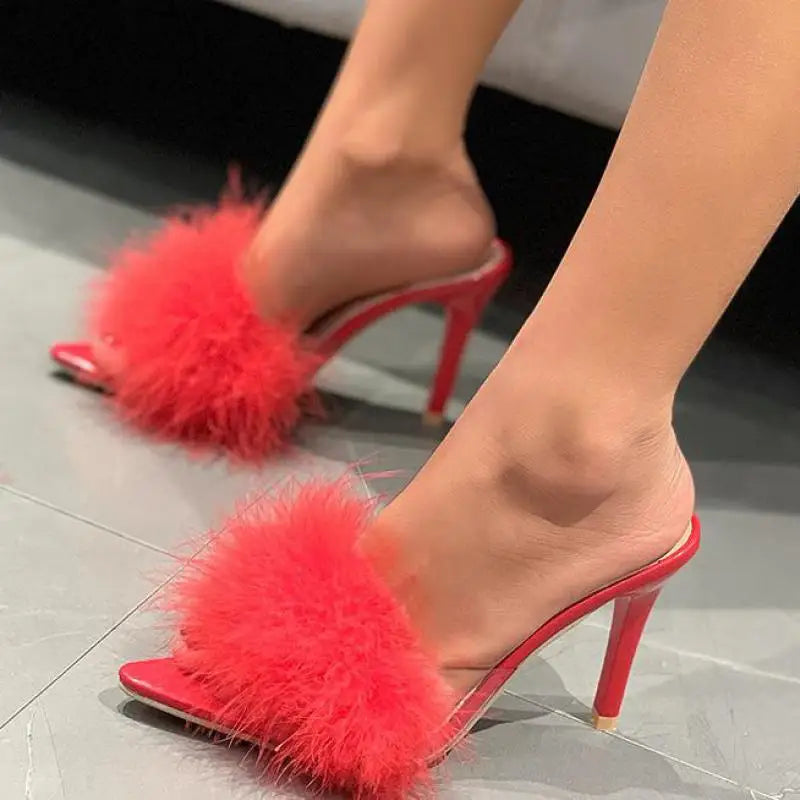 Women Slippers High Heels Fur Stiletto Peep Toe Mules