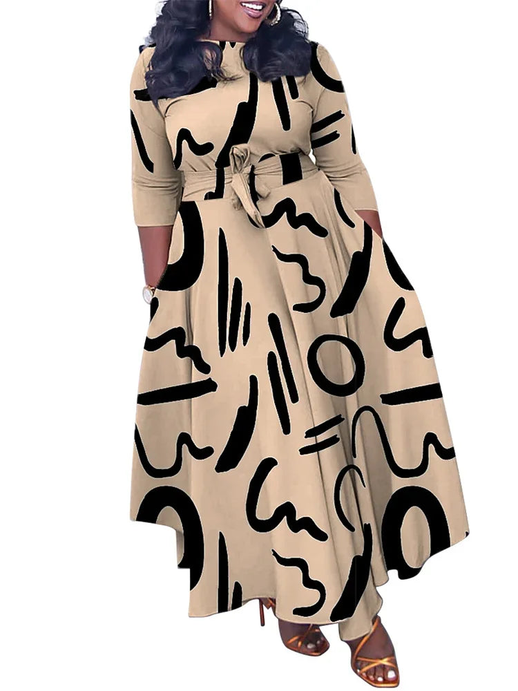 Wmstar Plus Size Women Dress Printed Fashion Maxi Dresses Long Sleeve Big Hem