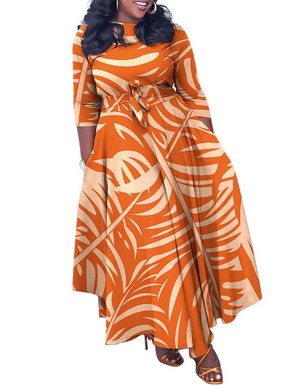 Wmstar Plus Size Women Dress Printed Fashion Maxi Dresses Long Sleeve Big Hem