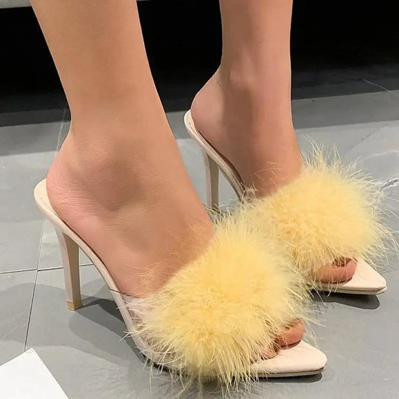 Women Slippers High Heels Fur Stiletto Peep Toe Mules