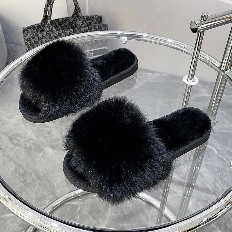 Woman Slippers Winter Simple Word Fur Flats - CEW Store