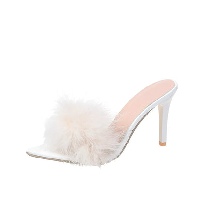 Women Slippers High Heels Fur Stiletto Peep Toe Mules