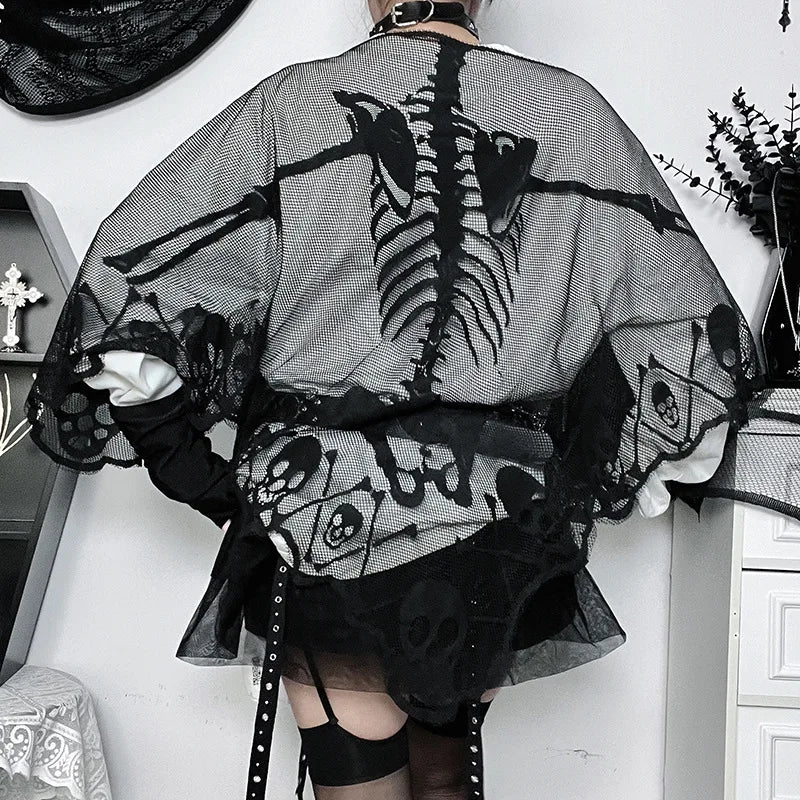 Skeleton Lace Poncho Skull Bones Halloween Cape Costume for Women Goth Shawl Wrap Poncho