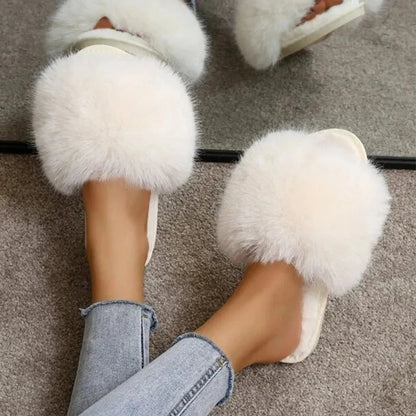 Woman Slippers Winter Simple Word Fur Flats - CEW Store