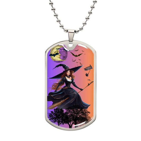 Dog Tag Witch on Broom Gold & Purple