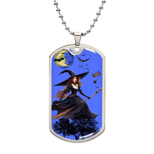 Dog Tag Witch on Broom Blue