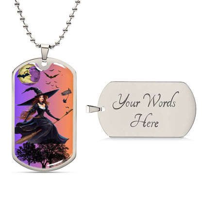 Dog Tag Witch on Broom Gold & Purple