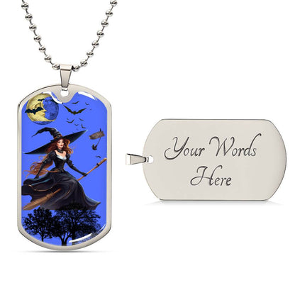 Dog Tag Witch on Broom Blue