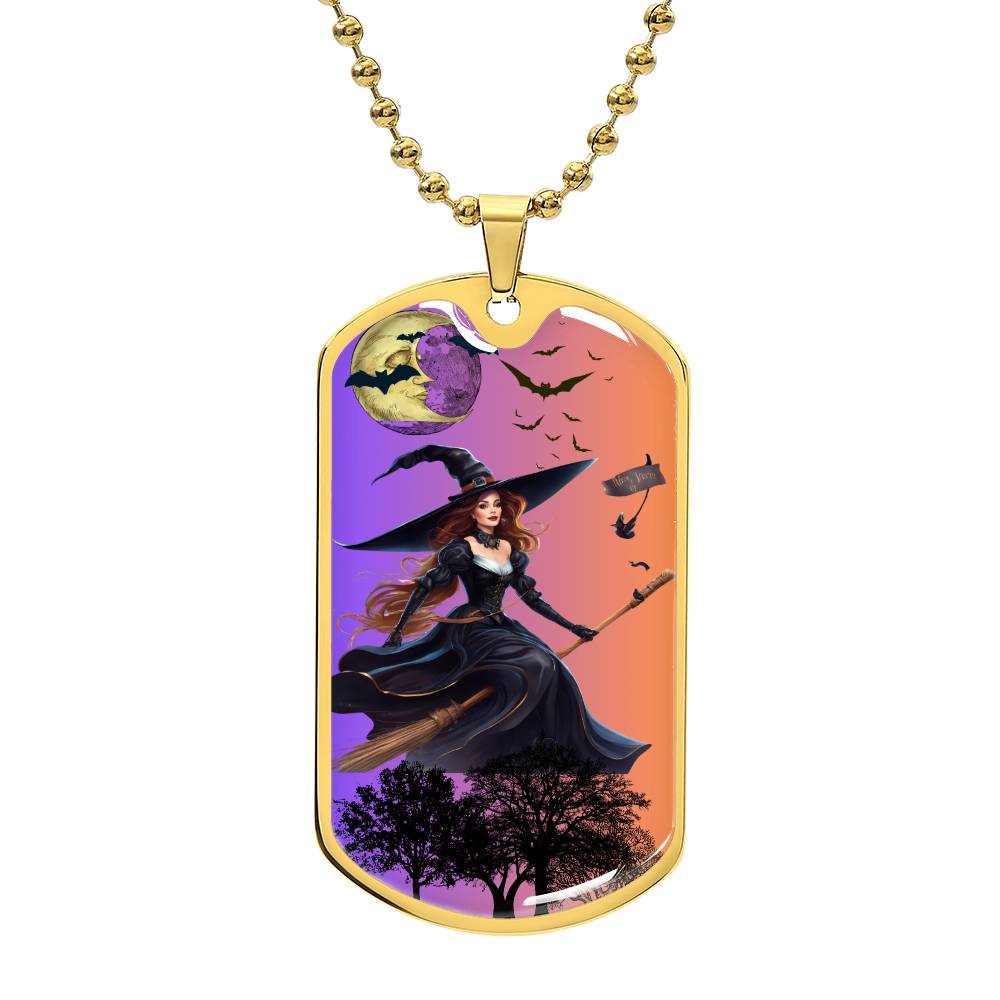 Dog Tag Witch on Broom Gold & Purple