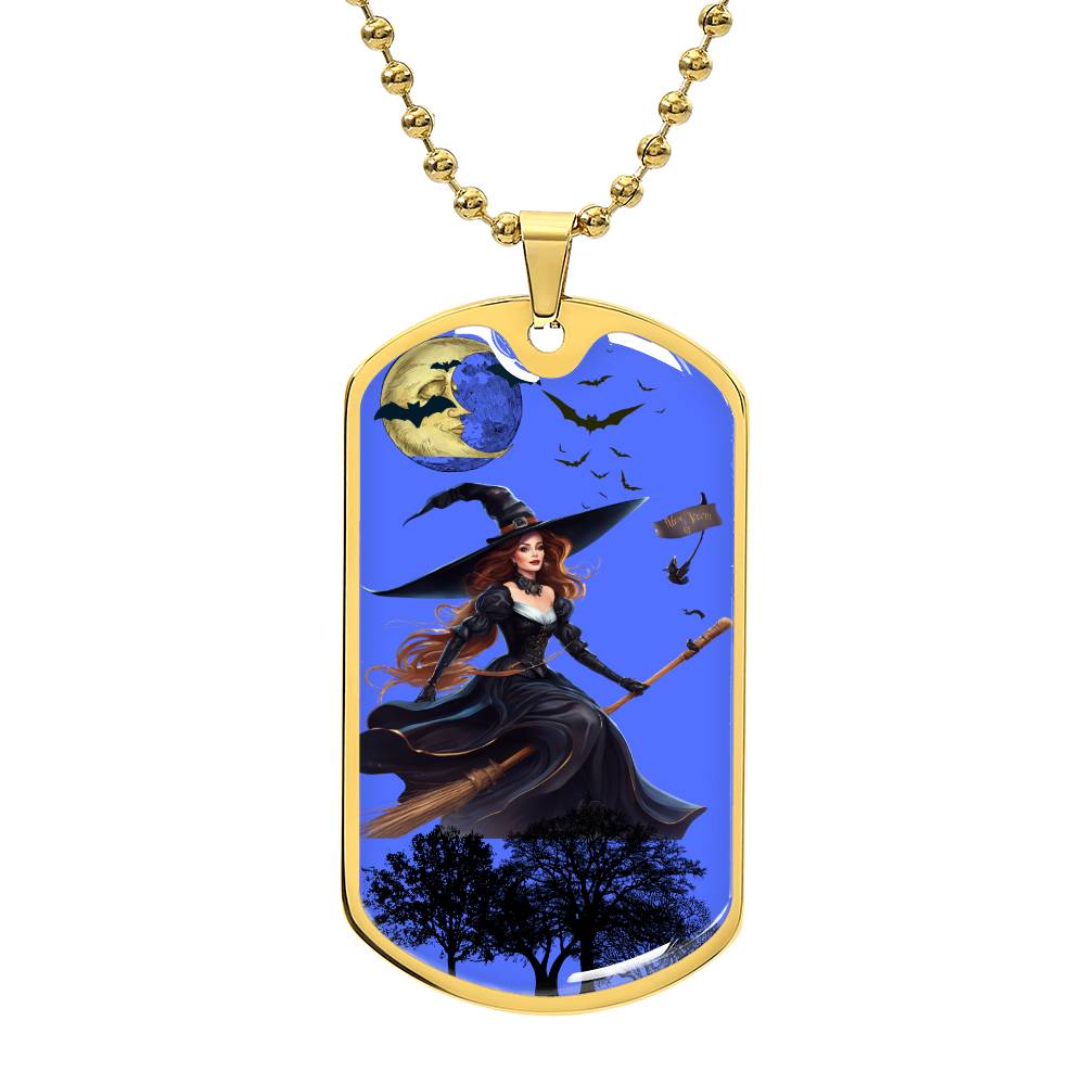 Dog Tag Witch on Broom Blue