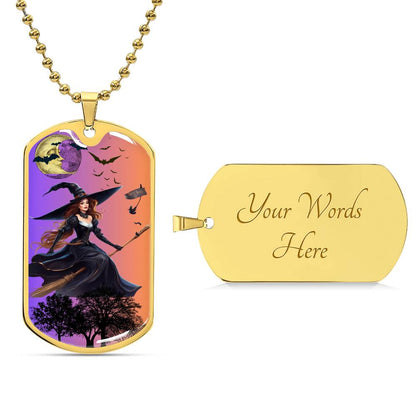 Dog Tag Witch on Broom Gold & Purple