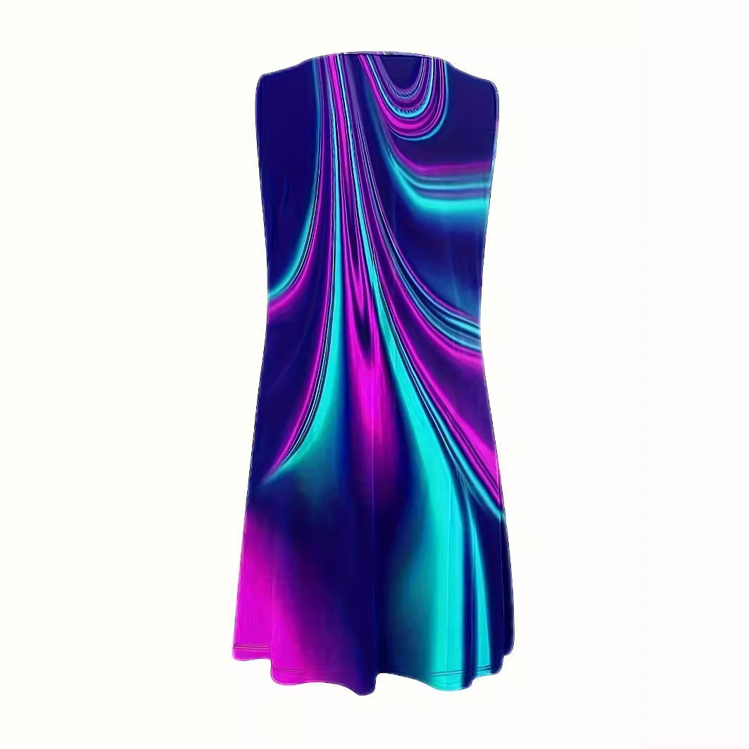 Temperament Commute Digital Printing Laser Metal Decorative Sleeveless Dress