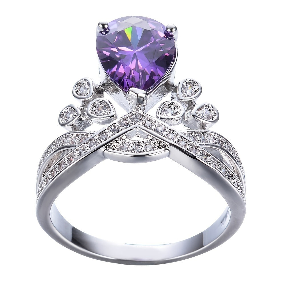 One Purple Crystal Zircon Water Drop Crown Ring 18K Gold Plated Zicron Inlaid