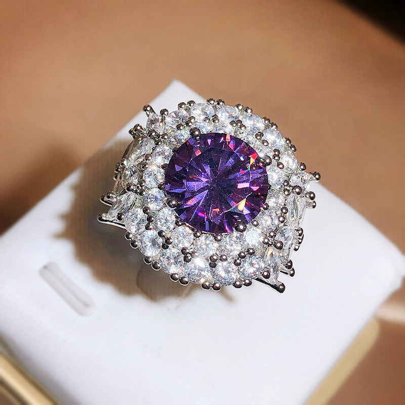 Women's Purple Orchid Zircon Retro Ring Sparkling Ladies Hand Jewelry Gift