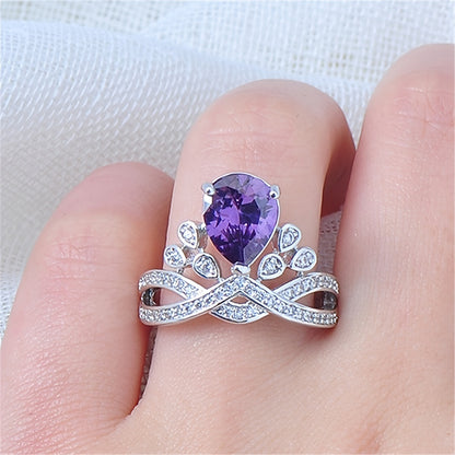 One Purple Crystal Zircon Water Drop Crown Ring 18K Gold Plated Zicron Inlaid