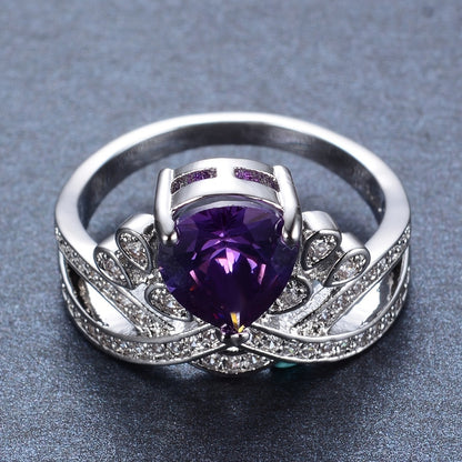 One Purple Crystal Zircon Water Drop Crown Ring 18K Gold Plated Zicron Inlaid