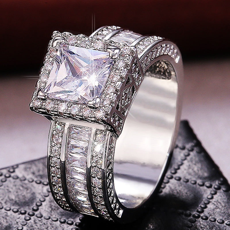 Shiny Halo Ring Inlaid Square Cut Shiny Zircon Elegant Wedding Engagement Promise Ring For Women & Girls Valentine's Day Jewelry