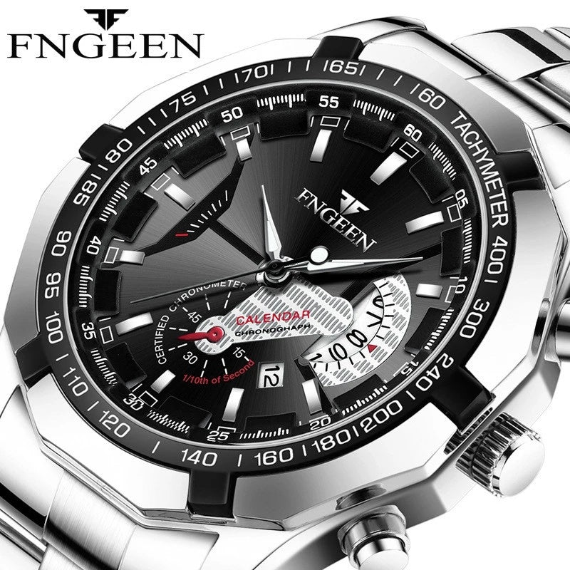 FNGEEN Luxury Men's Watches Stainless Steel Band Fashion Waterproof Quartz Watch For Man Calendar Male Clock Reloj Hombre S001