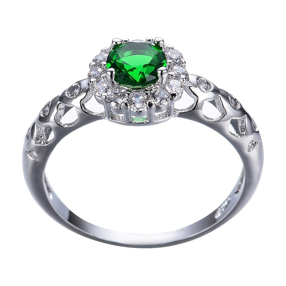 Elegant Hollow Round Emerald Zircon Ring Band Ring Luxury Jewelry Wedding Banquet For Women Girls Bride