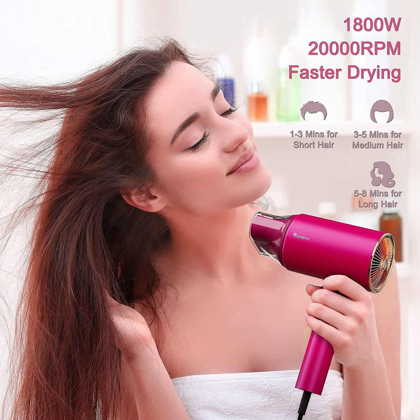 Water Ionic Hair Dryer, 1800W Blow Dryer with Magnetic Nozzle, 2 Speed and 3 Heat Settings